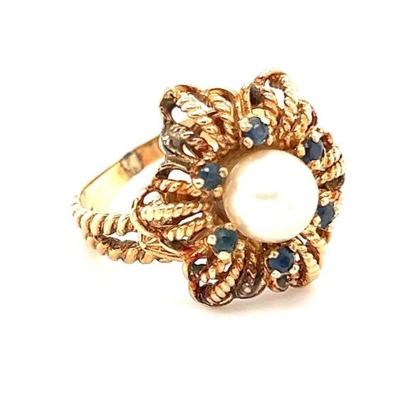 10k Vintage Flower Shaped Pearl Surrounded With Blue Sapphires Ring - Picture 6 of 13